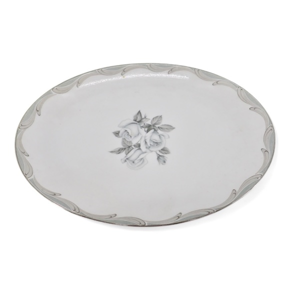 Vtg Japanese Broadway Rose Pattern Fine China Platter Silver Trim Grey on White - Picture 1 of 13